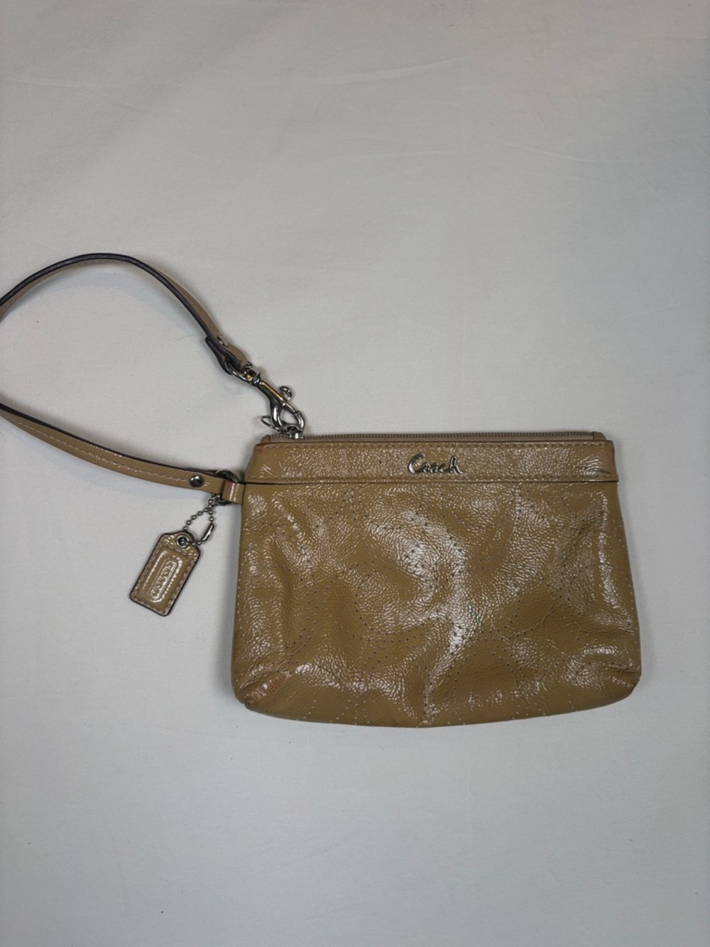 Coach Tan Patent Leather Wristlet with Logo Charm